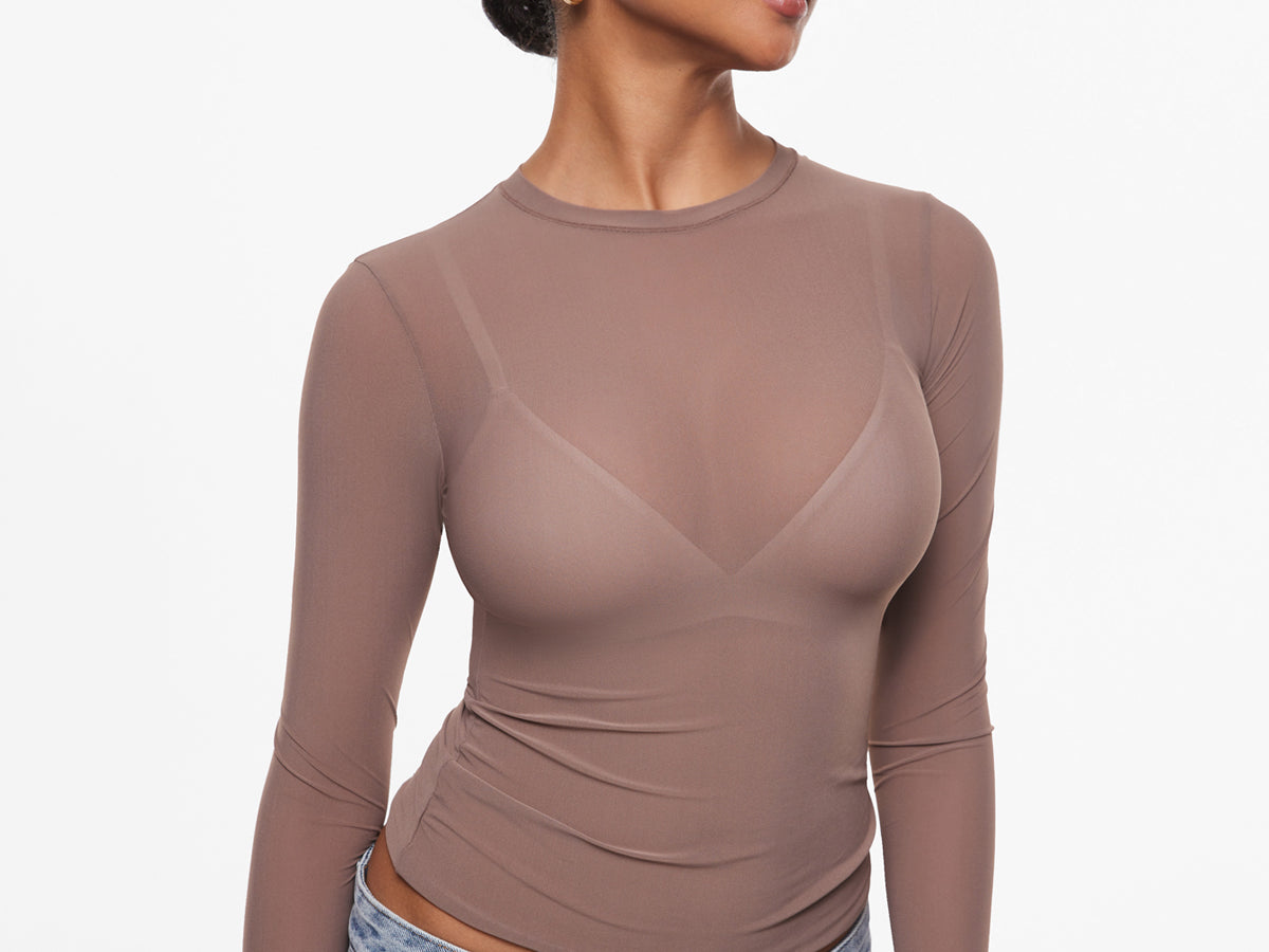 INLYRIC Women's Cosnufy® Mesh Sheer Long Sleeve Top Hazelnut