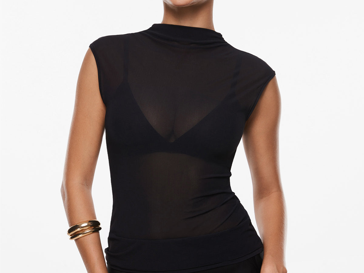 INLYRIC Cosnufy® Sheer Mesh Mock Neck Tank Top Hazelnut