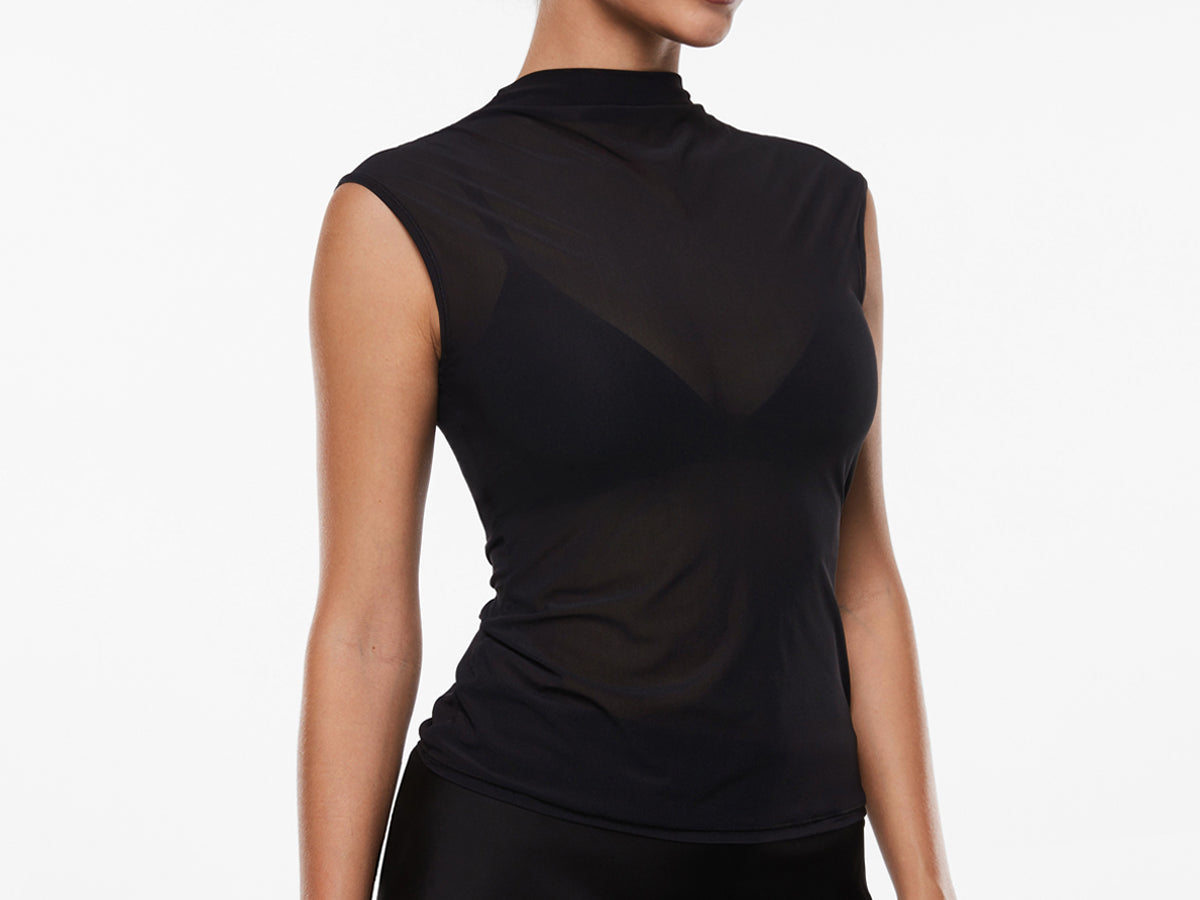 INLYRIC Cosnufy® Sheer Mesh Mock Neck Tank Top Hazelnut