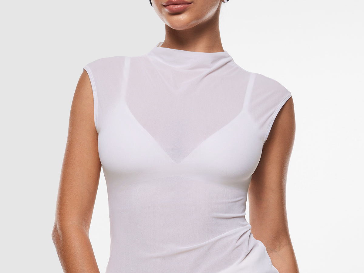 INLYRIC Cosnufy® Sheer Mesh Mock Neck Tank Top Hazelnut