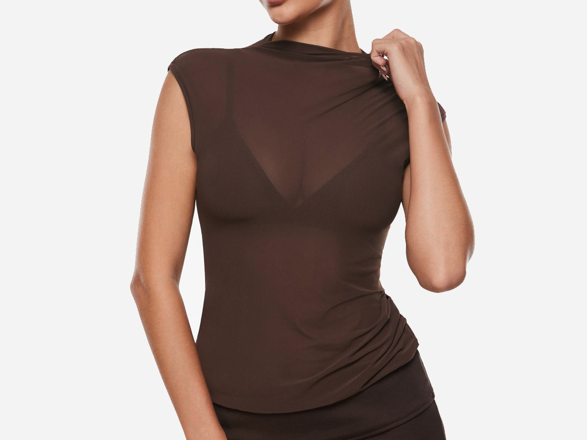 INLYRIC Cosnufy® Sheer Mesh Mock Neck Tank Top Twilight Blue