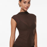 INLYRIC Cosnufy® Sheer Mesh Mock Neck Tank Top Hazelnut
