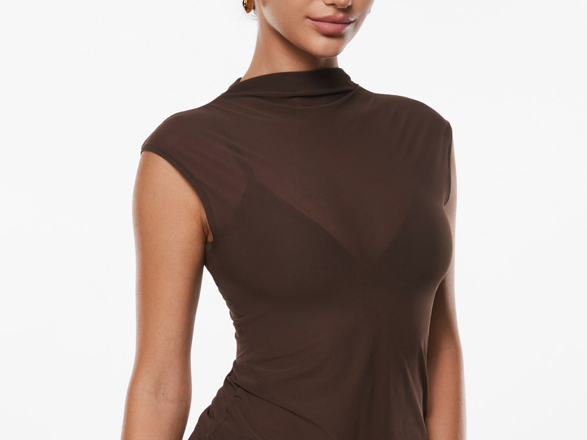 INLYRIC Cosnufy® Sheer Mesh Mock Neck Tank Top Hazelnut