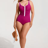 Women's Zipper One Piece Swimsuit Magenta Purple @model_info:ES2