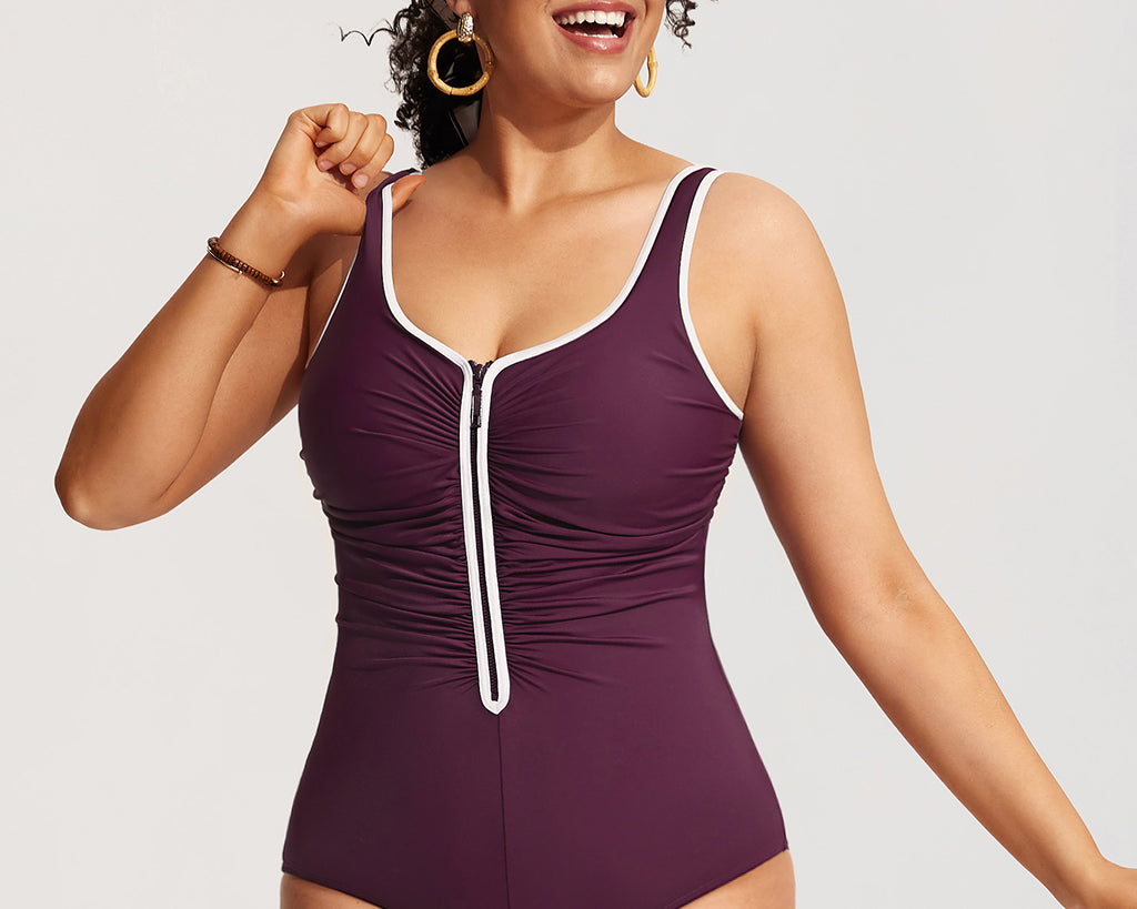 Women's Zipper One Piece Swimsuit Dark Red @model_info:red