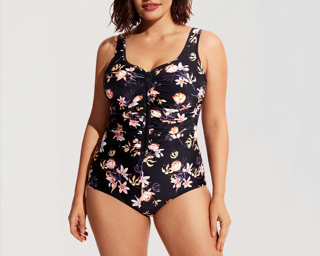 Women's Zipper One Piece Swimsuit Flowers In Full Bloom @model_info:In